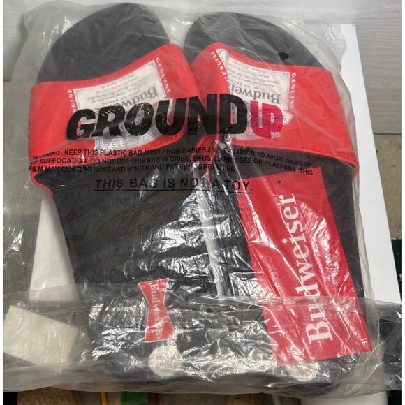 Budweiser Slides Sandals Size L 11-12 Black Red New Unisex - Picture 9 of 9